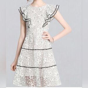 Kaimilan White Black trim Lace Embroidered floral dress Sz XS Wedding guest